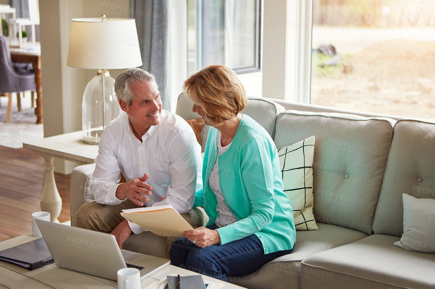 Buy stock photo Documents, laptop and mature couple on sofa with financial report, insurance and investment in home. Retirement, marriage and senior man and woman on computer for finance, pension or internet banking