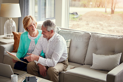 Buy stock photo Online banking, laptop and mature couple on sofa with financial report, insurance and investment in home. Retirement, marriage and senior man and woman on computer for finance, payment and savings