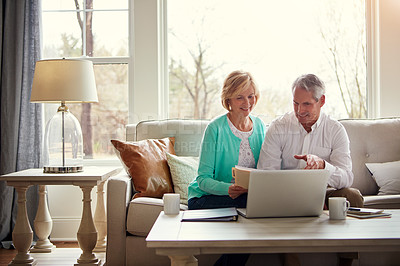 Buy stock photo Finance, laptop and senior couple with documents for budget, insurance and investment in home. Retirement, marriage and mature man and woman on computer for financial planning, pension and savings