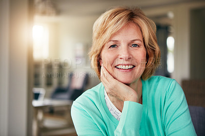 Buy stock photo Portrait of a mature woman relaxing at home