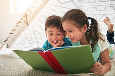 Buy stock photo Kids, reading and tent in home with book for story time, education and literature adventure for storytelling. Boy, girl and children on floor together for fantasy or bonding, learning and development