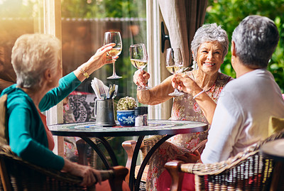 Buy stock photo Cheers, champagne and senior women or friends in retirement, reunion or social celebration, success and happy. Wine glasses, celebrate and elderly people or customer toast, restaurant and hospitality