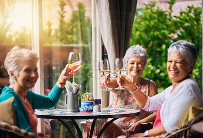Buy stock photo Toast, wine and portrait of senior women or friends in retirement, reunion or social celebration, success and happy. Champagne glasses, celebrate and elderly people cheers, restaurant and hospitality