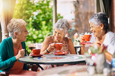 Buy stock photo Coffee shop, funny and senior women talking, laughing and having friends reunion, retirement chat or social group.  Restaurant, tea and elderly people in happy conversation for pension or cafe cafe