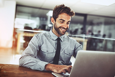 Buy stock photo Happy businessman, laptop and typing email for communication, schedule or networking at office. Male person or employee working with smile on computer in project or social media browsing at workplace