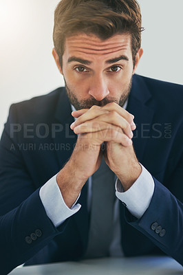 Buy stock photo Thinking, businessman and portrait in office for work, sales project or idea for startup. Career, consultant or male person on break for planning, thoughts or marketing strategy in workplace
