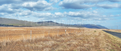 Buy stock photo Harvested farm land beside a highway on cloudy day. Empty wheat field against a blue sky horizon. Rural agriculture with dry pasture near mountains. Grass growing beside an empty road in the country