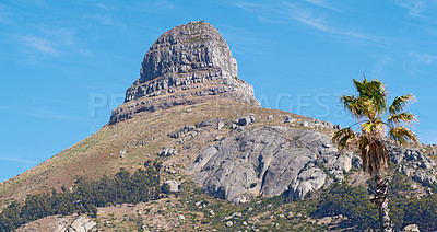 Buy stock photo Panorama of Lions Head, Cape Town, South Africa. Landscape of a beautiful rocky mountain peak on a summer day. Scenic view of nature with a blue sky background. Peaceful summit with copy space