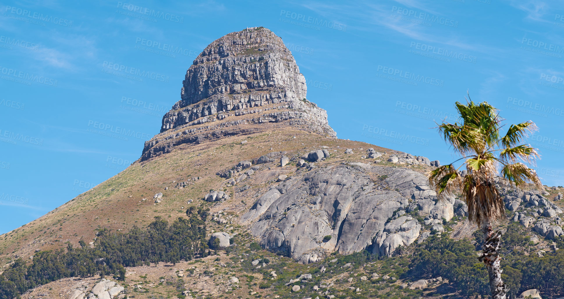 Buy stock photo Panorama of Lions Head, Cape Town, South Africa. Landscape of a beautiful rocky mountain peak on a summer day. Scenic view of nature with a blue sky background. Peaceful summit with copy space
