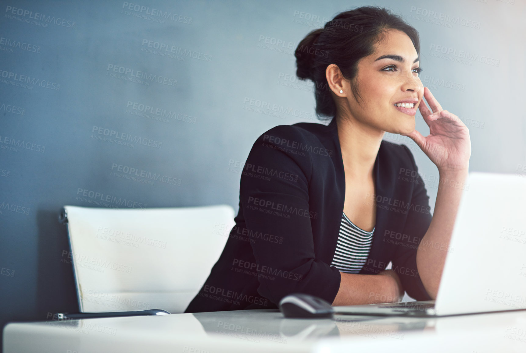 Buy stock photo Office, freelance and Indian woman with laptop for ideas, search and article info. Self employed, female writer and copywriting with computer for remote work, blog post and thinking for story angle