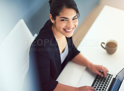 Buy stock photo Laptop, above and portrait of business woman at desk working on online project, planning and typing email. Corporate, administration and person on PC for internet, website and research in office