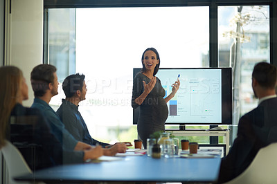 Buy stock photo Pregnant, business woman and startup presentation at a teamwork workshop with speech and communication. Manager, female pregnancy and company learning with staff and boss with sales graph strategy