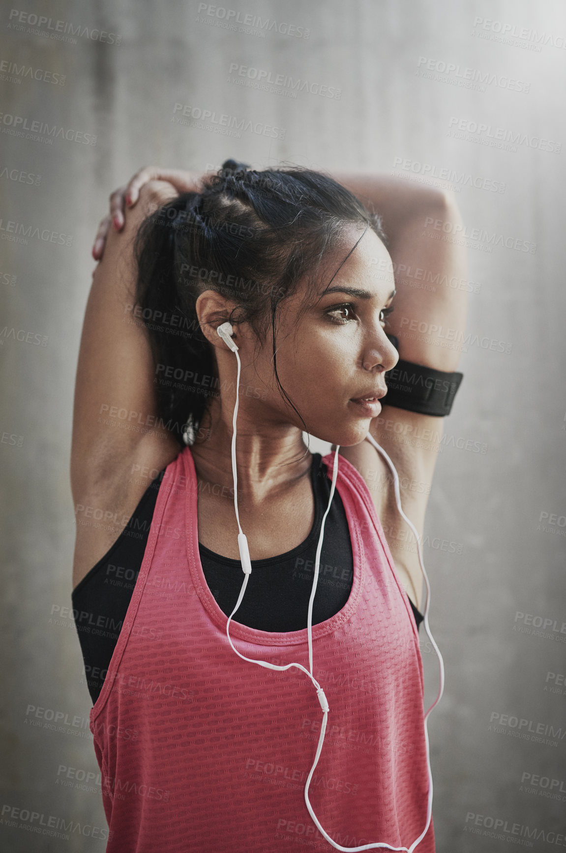 Buy stock photo Woman, thinking and stretching with music for fitness or training, audiobook and wellness audio for exercise. Girl, thoughts and outdoor with earphones for podcast, workout playlist and health tips