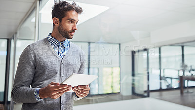 Buy stock photo Business, man and thinking with tablet at office on internet search for career opportunity or networking. Architect, entrepreneur and online with research for information, ideas and industry trends
