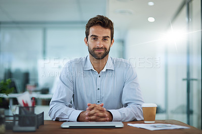 Buy stock photo Businessman, portrait and laptop by desk in office for career, work and job with confidence. Business consultant, technology and table for company, investment and startup with pride or smile in Spain