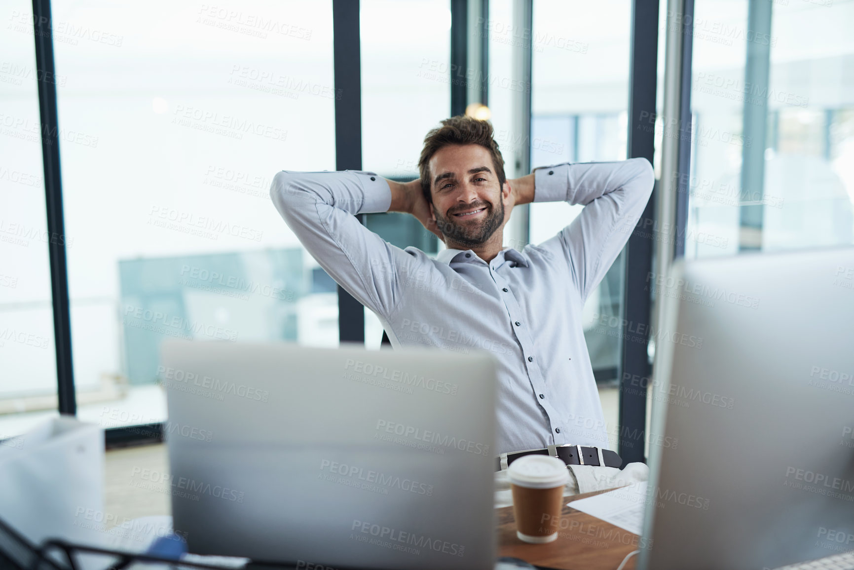 Buy stock photo Portrait, business and man at desk, relax and stretching with break and peaceful with success. Face, happy person and professional with smile and easy project with finished assignment and resting