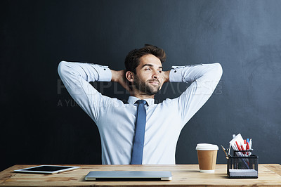 Buy stock photo Thinking, business and man with peace, relax and stretching with break and productivity with finished project. Face, happy person and professional with smile and mockup space with planning and ideas