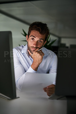 Buy stock photo Businessman, portrait and night at office with documents for finance, accounting or project. Man, employee or accountant working late with notes, paperwork or financial business plan at workplace