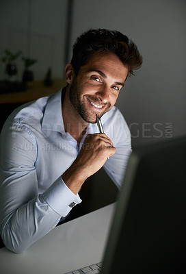Buy stock photo Hard work, portrait and businessman with pen by computer for email, internet and working late in office for corporate career. Happiness, desk and lawyer with technology for communication in workspace
