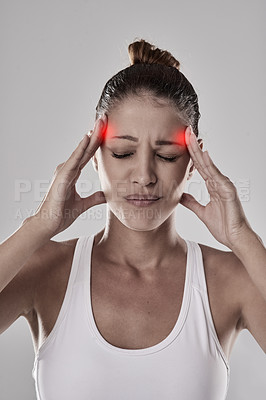 Buy stock photo Woman, headache or hands in studio with pain for burnout, red and glowing with tension. Female person, health or fingers on backdrop with hurt for stress, exercise or sports with fatigue in Portugal