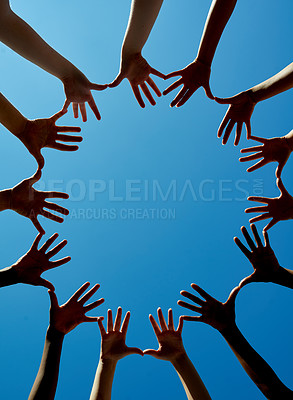 Buy stock photo Circle, unity and teamwork with hands with sky for trust with community. Earth day, eco and recycling with eco friendly for planet with blue background for global with people fighting climate change