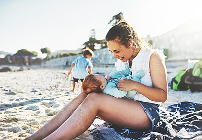 Buy stock photo Playing, mother or baby at beach for bonding, holiday or travel in Portugal with boy or family memory. Happy single parent, mom or infant at sea for vacation with smile, wellness or nature to relax