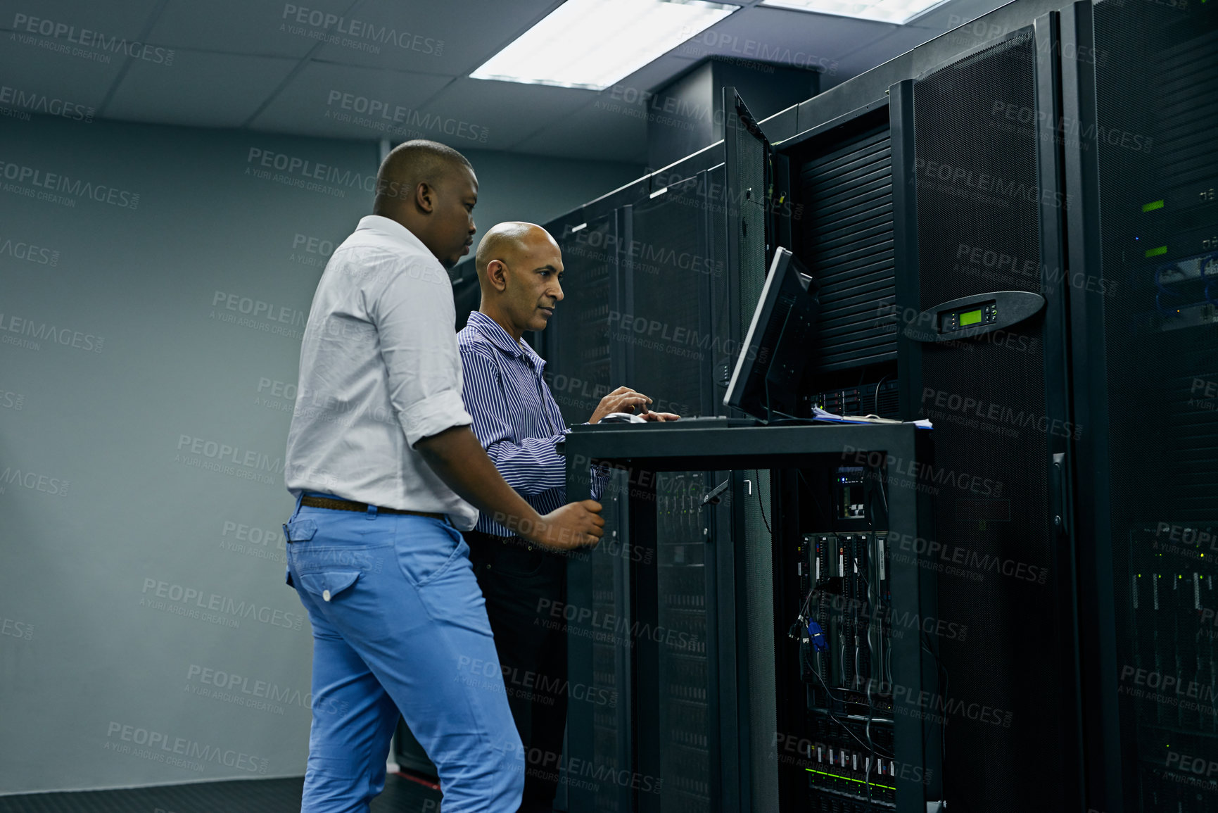 Buy stock photo Server room, people or technicians coding on computer together for a cybersecurity glitch with teamwork. IT support code, collaboration or engineers fixing pc network for information technology 