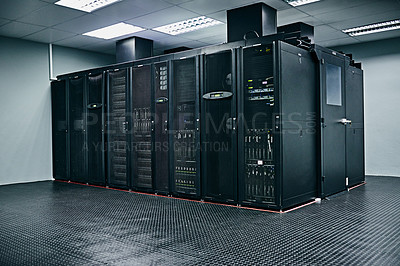 Buy stock photo Server room, empty or hardware electronics for internet connection, admin servers or cyber security system. IT support background, information technology electronics or modern machine in data center 
