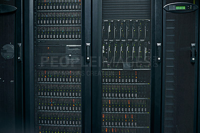 Buy stock photo Server room, empty or hardware machine for networking connection, admin servers or cyber security system. IT support background, information technology electronics or machine equipment in data center