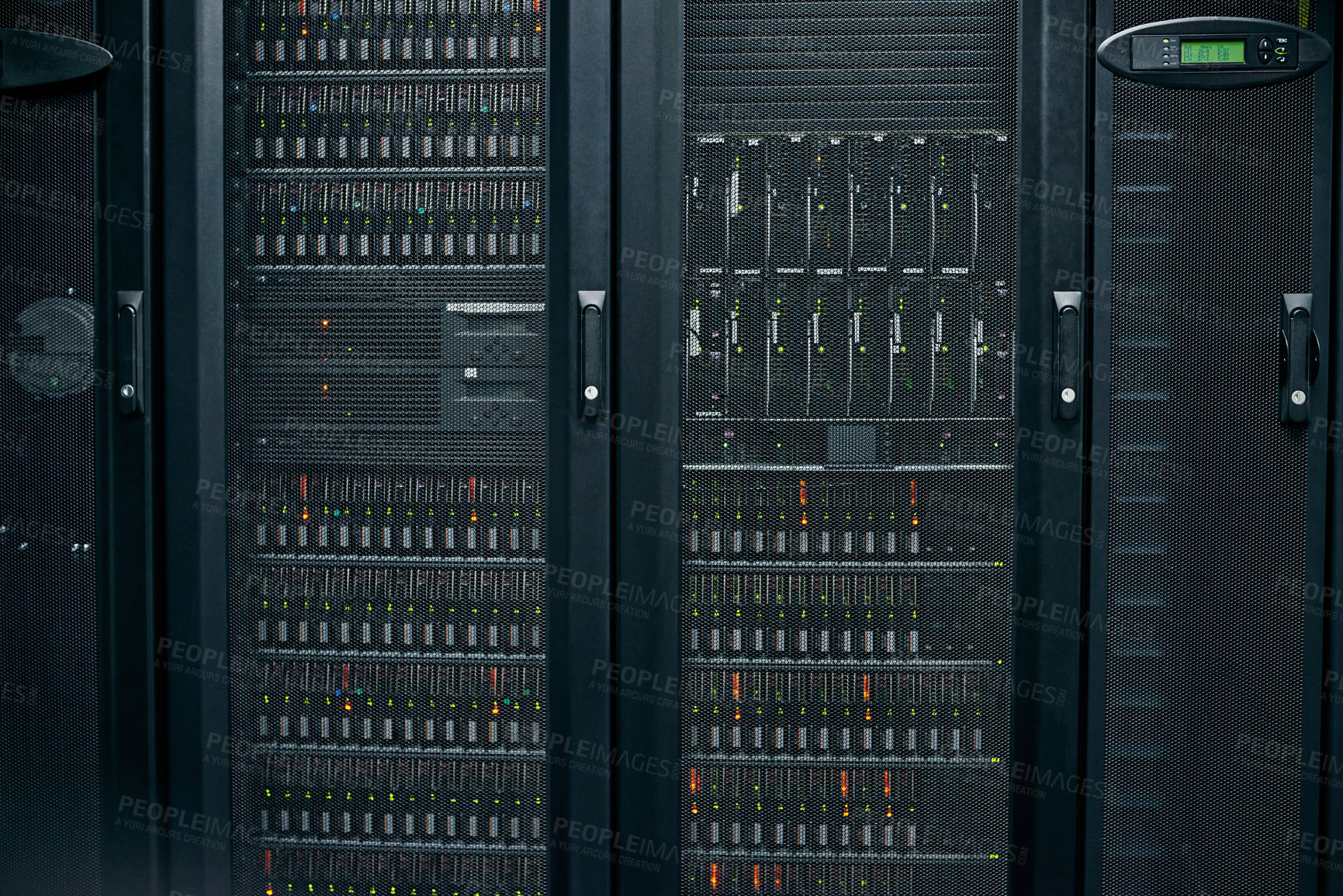 Buy stock photo Server room, empty or hardware machine for networking connection, admin servers or cyber security system. IT support background, information technology electronics or machine equipment in data center