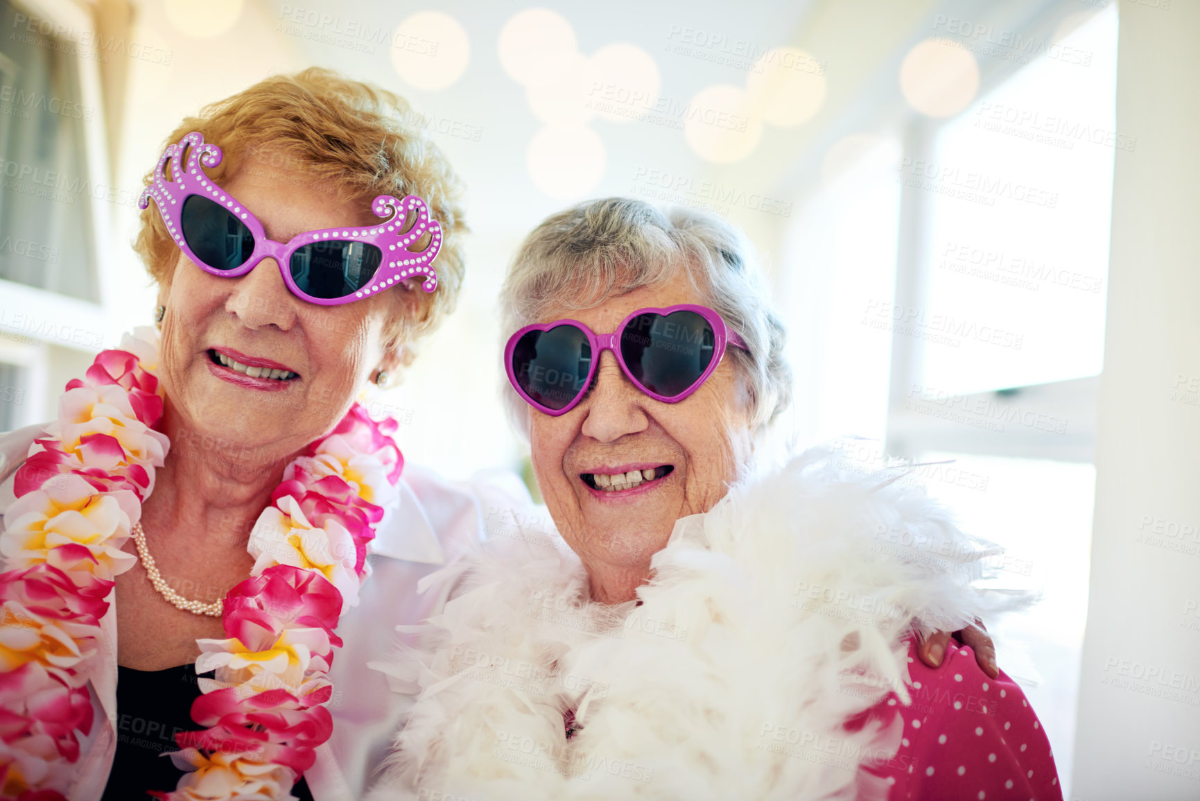 Buy stock photo Friends, smile and sunglasses with senior woman in hallway of retirement home for goofy party on weekend. Portrait, funny and eyewear with happy mature people laughing at joke in elder care apartment
