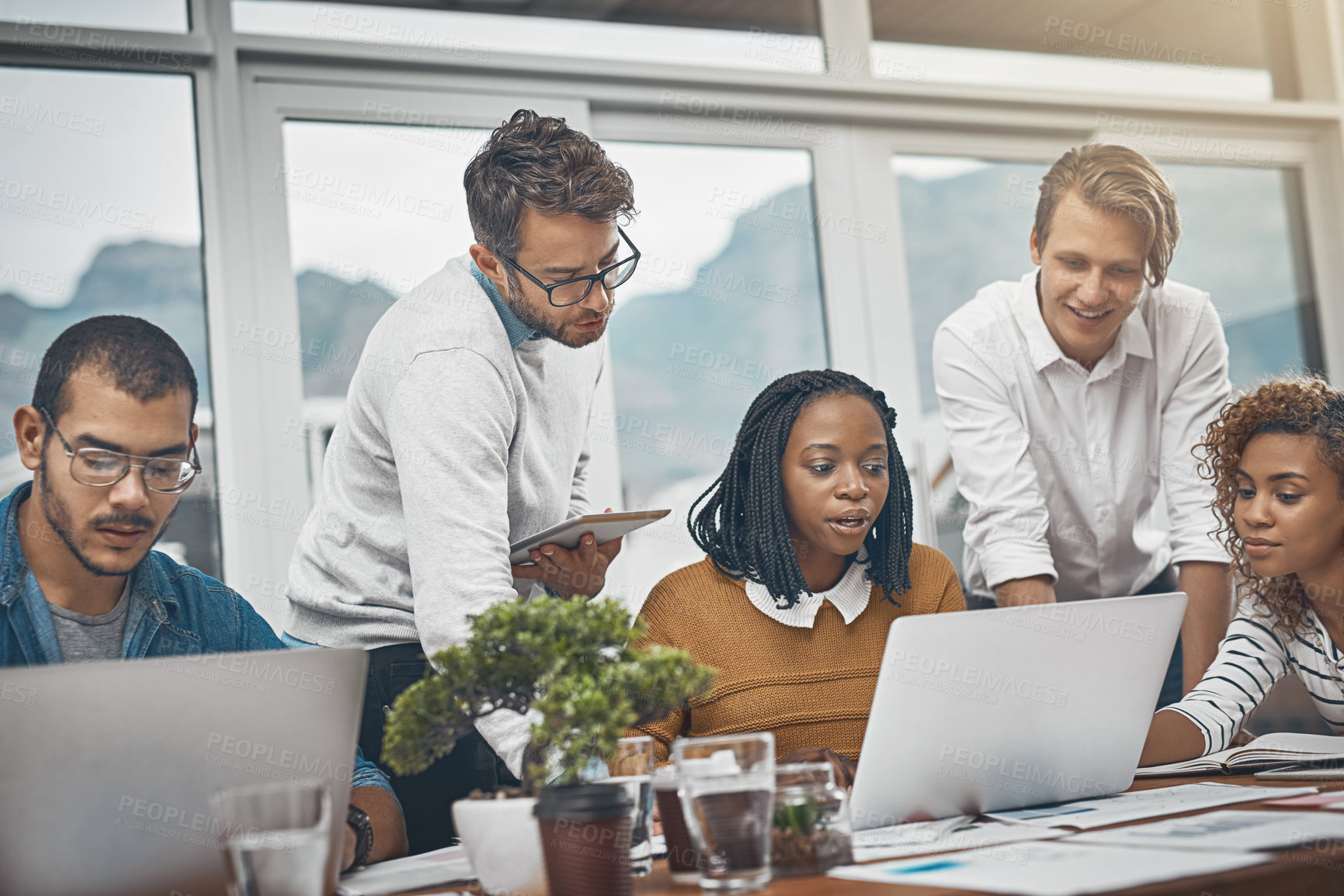 Buy stock photo Meeting, group and people with laptop in office for research, brainstorming and solution of finance budget. Team, digital tech and financial report, investment growth and profit website of business 