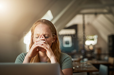 Buy stock photo Headache, woman and employee with stress, frustration and mental health issue, crisis and anxiety. Female person, girl and entrepreneur with a deadline, migraine or burnout with depression or mistake