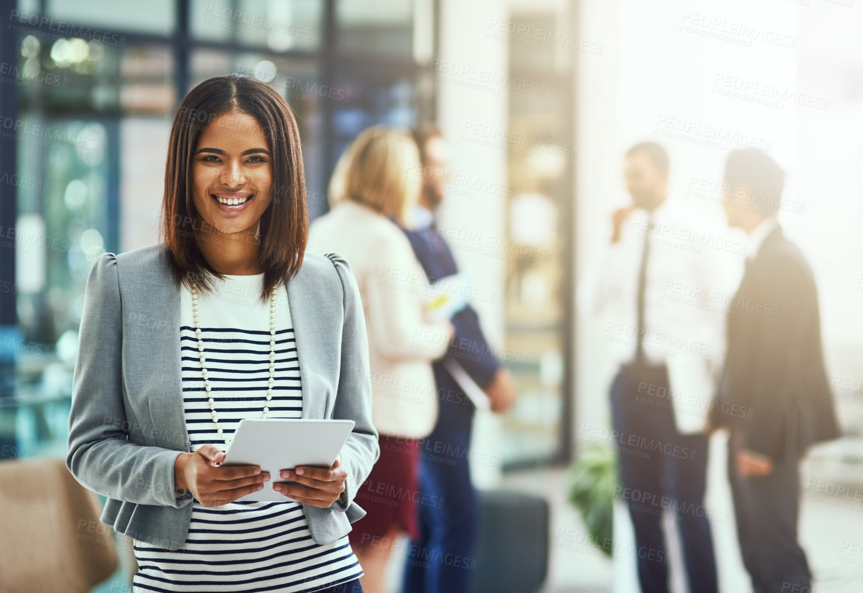 Buy stock photo Happy, woman and business tablet in office portrait for communication, email and digital research. Creative agency, professional and worker on technology for internet, planning and social media