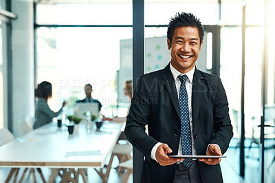 Buy stock photo Office, portrait and asian businessman with tablet or confident, leadership or corporate executive in workplace or management. Man, manager or professional worker or employee with technology 
