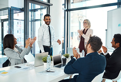 Buy stock photo Professional, meeting and congratulations on presentation at the office for leadership and success. Business, people and promotion with applause for celebration with teamwork during collaboration. 