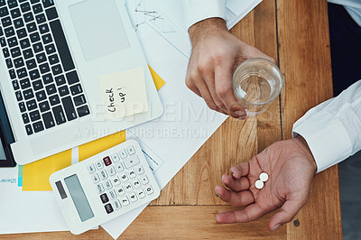 Buy stock photo Pills, tablet and business man hands with laptop, budget and finance career at desk for healthcare, stress or anxiety. Medicine, glass of water and corporate manager headache or mental health problem