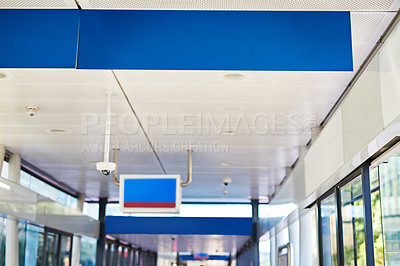 Buy stock photo Train station, empty and banner or board sign for information, advertising and marketing with mockup. Poster, blank and billboard on ceiling for branding, announcement and travel guide or direction