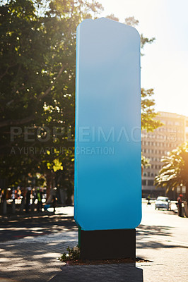 Buy stock photo Structure, billboard and mockup space in city for advertising, brand promotion and urban marketing. Empty, frame and banner or sign on sidewalk for public announcement, information and bulletin