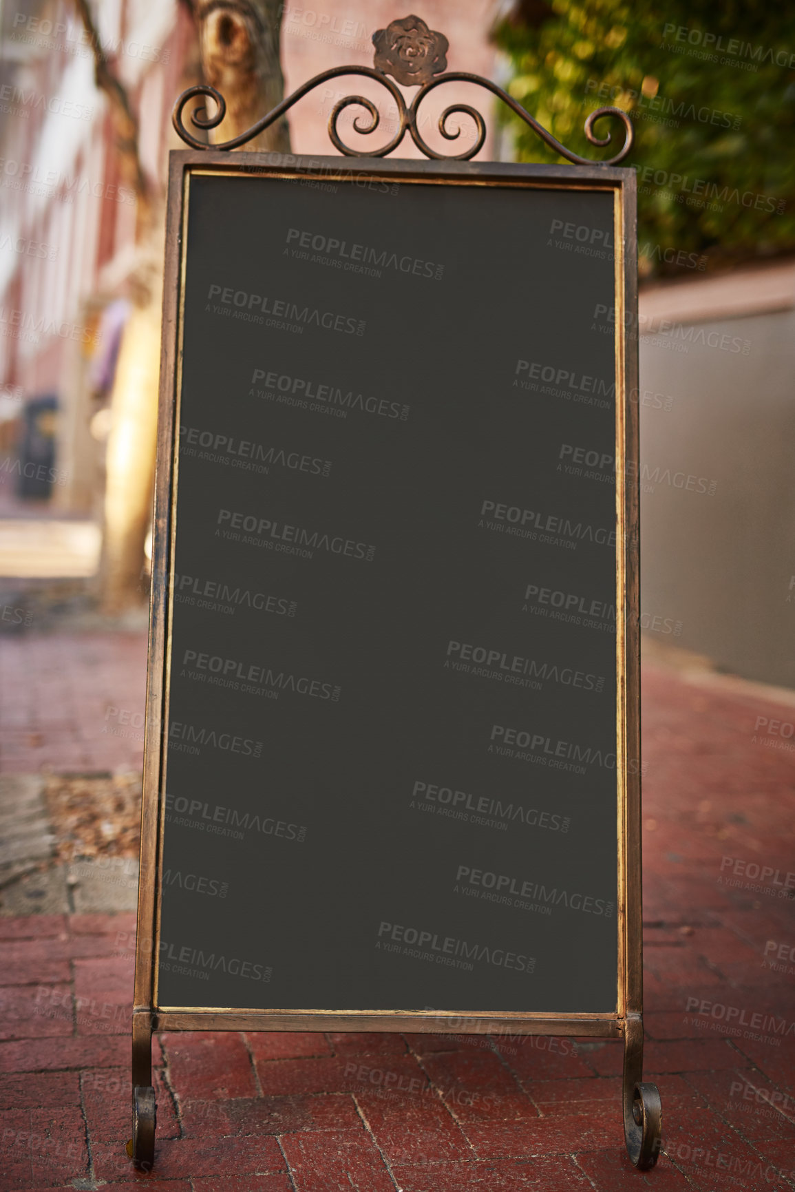 Buy stock photo Sign, blackboard space and ads in street for promo or marketing on background outdoor. Chalkboard, presentation or commercial for offer, information or poster mockup for sales announcement on banner