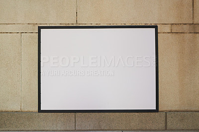 Buy stock photo Billboard, mockup space and frame on wall in city for advertising, promotion or marketing display. Signage, poster and blank banner in town for outdoor commercial, announcement or public information.