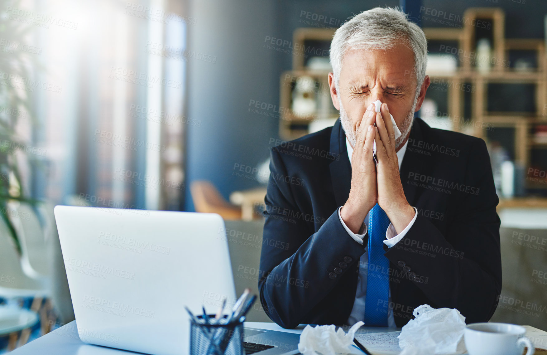 Buy stock photo Business, sick and old man with tissue, sneeze and disease with burnout, flu season and allergy in workplace. Mature person, agent and lawyer with toilet paper, health issue and virus with bacteria