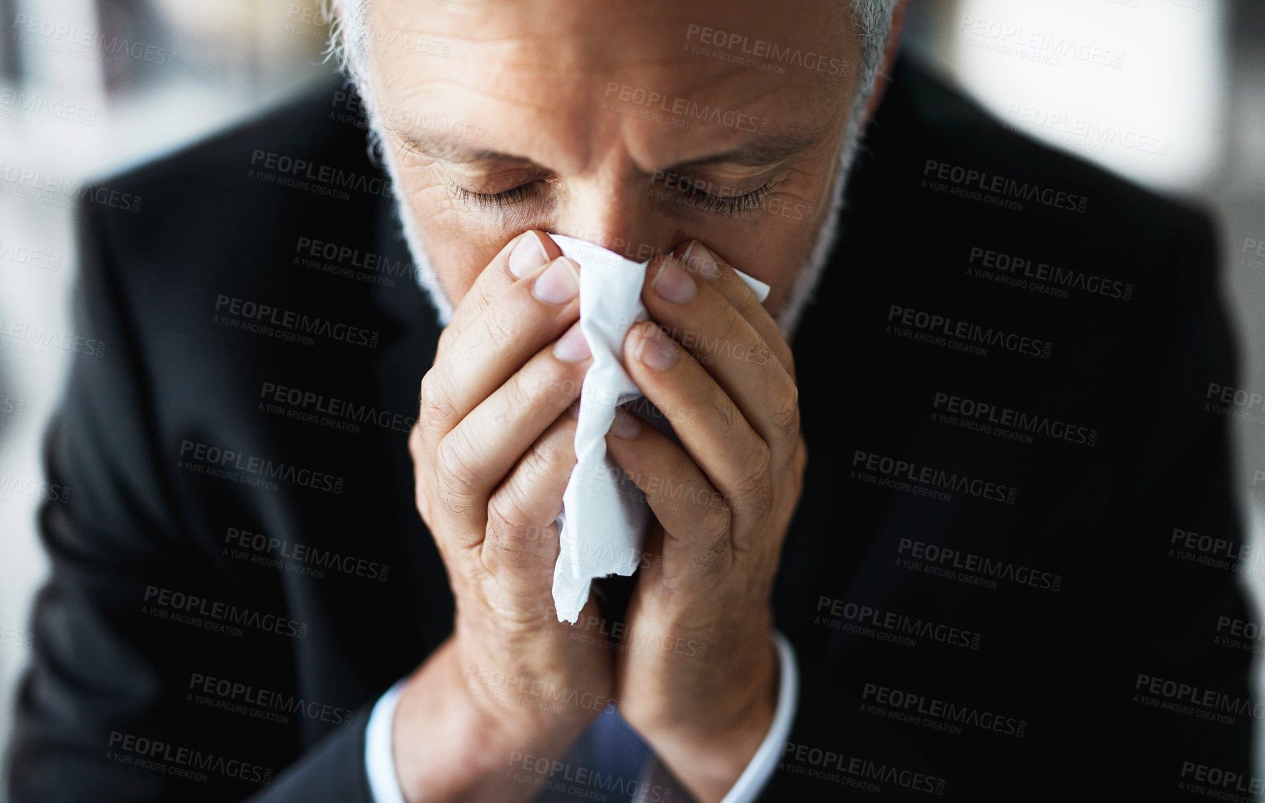 Buy stock photo Agent, sick and old man with tissue, blowing nose and disease with burnout, flu season and bacteria in workplace. Mature person, employee and lawyer with paper, allergy and cold fever with sneeze