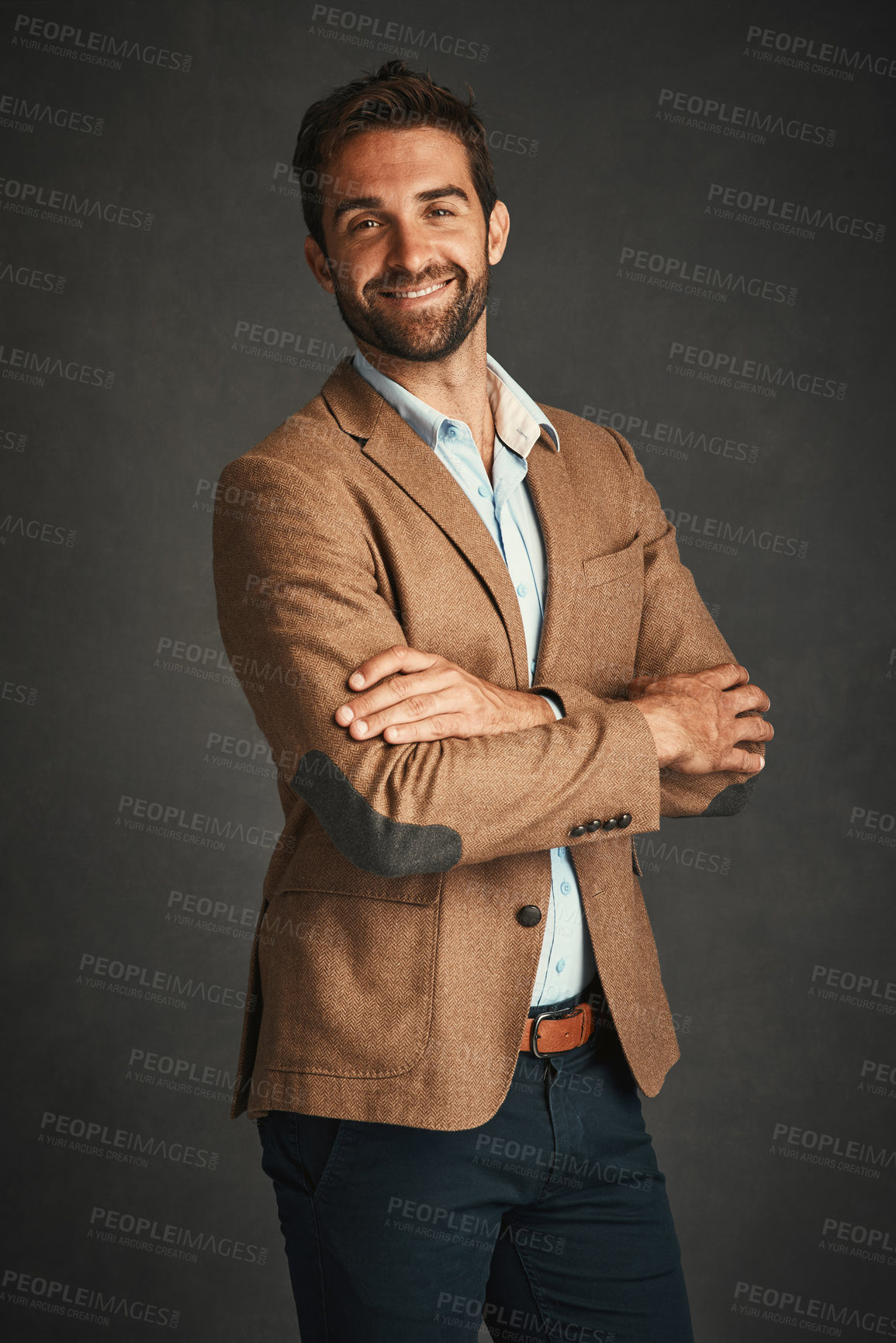 Buy stock photo Fashion, confident and man for portrait in studio with stylish, trendy and smart professional clothes as Professor. Smile, male person and designer outfit, elegant and pride on grey background