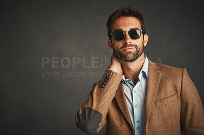 Buy stock photo Fashion, man and private detective with sunglasses for confidence, pride and undercover career. Mockup space, style and male investigator with infidelity case for spy job by gray studio background. 