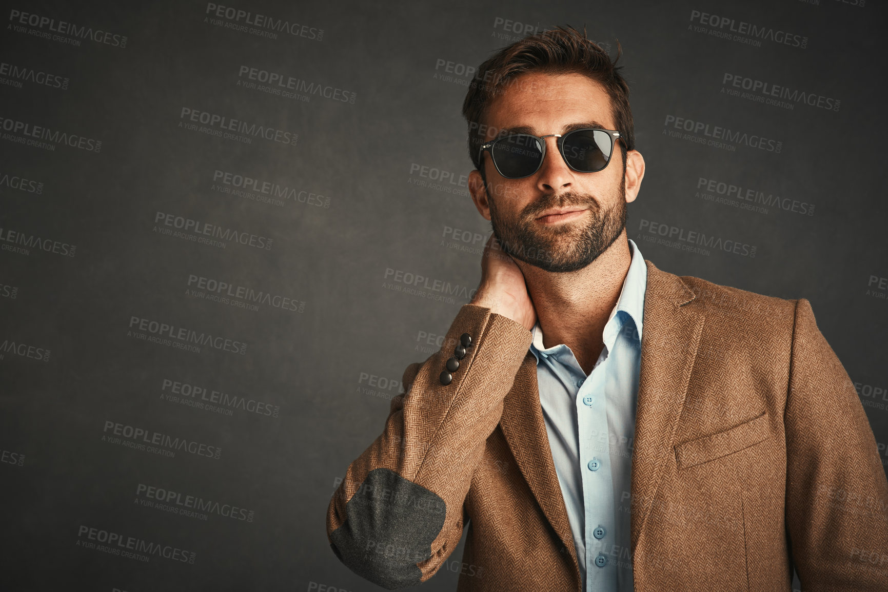 Buy stock photo Fashion, man and private detective with sunglasses for confidence, pride and undercover career. Mockup space, style and male investigator with infidelity case for spy job by gray studio background. 