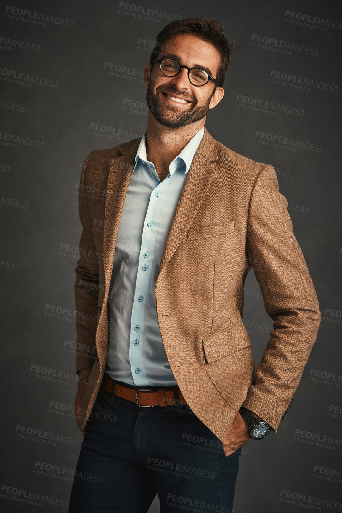 Buy stock photo Man, smile and fashion for confident in studio with stylish, trendy and smart luxury clothes as Professor. Pride, male person and portrait for wealth, designer glasses or elegant on grey background
