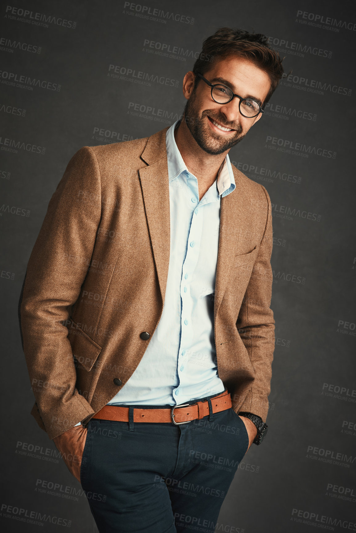 Buy stock photo Man, fashion and smile for confident in studio with stylish, trendy and smart luxury clothes as Professor. Pride, male person and portrait for wealth, designer glasses or elegant on grey background

