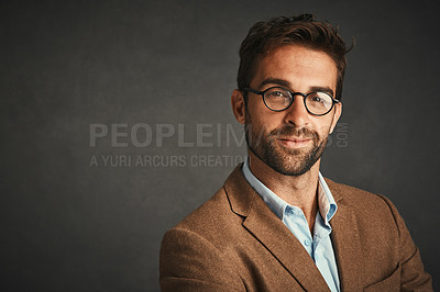 Buy stock photo Portrait, serious and man with eyewear in studio for stylish fashion, designer brand and aesthetic frame design. Pensive, male person and glasses, health and lens care at optometry on grey background