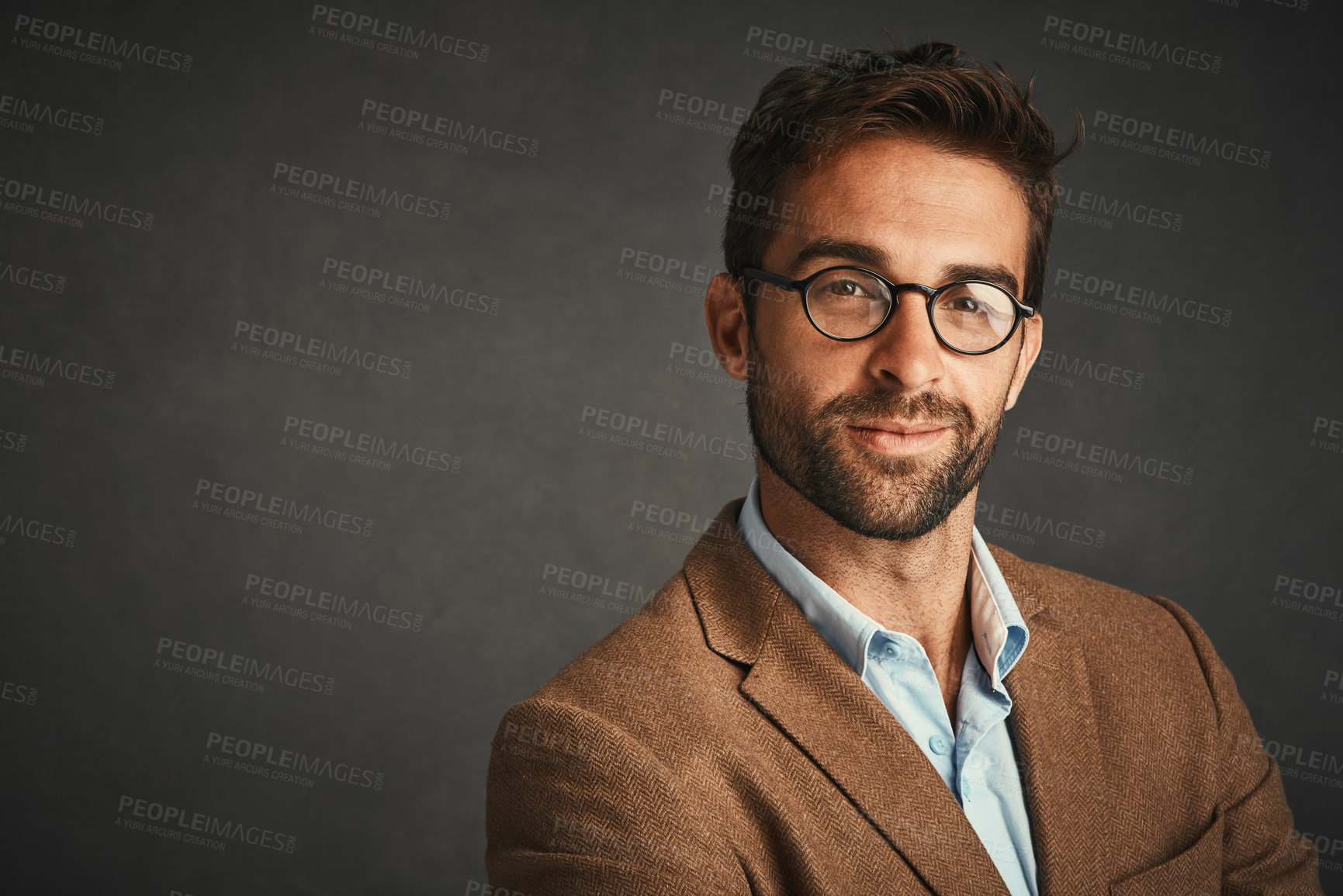 Buy stock photo Portrait, serious and man with eyewear in studio for stylish fashion, designer brand and aesthetic frame design. Pensive, male person and glasses, health and lens care at optometry on grey background